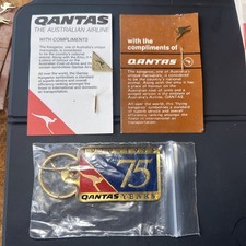 2 x QANTAS gold coloured pin badges & Keyring celebrating 75 years 1920-1995