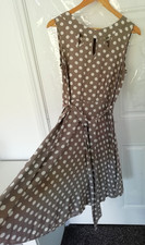 Wallis Petite Size 12 Dress Beige White Spot Polka Dot Tie Belt Back Zip Smart
