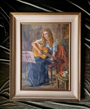 Anthea Durose (1933-2024) Oil on board "Nichola playing her guitar"