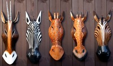 Wood Animal Mask Wall Art Carving Horse Zebra Giraffe Antelope 50cm Christmas