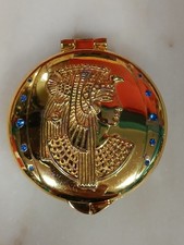 Brass Double Compact Mirror Vintage 70s Egyptian Pharaoh with Blue Gems VGC 
