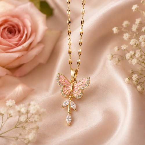 Pink butterfly pendant - pink,