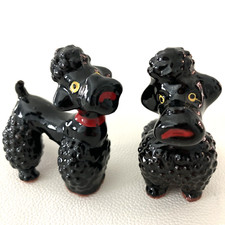 Black Standard Poodle Dog Figurine Redware Ceramic Japan 1950’s Set of 2 Mini