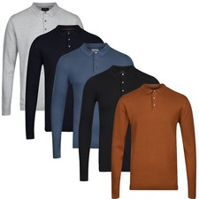 Knitted Polo Shirt New Mens Long Sleeve 3 Button Cotton Rich Jumper Top