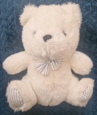 Vintage Mothercare Teddy Bear soft toy white stripe stripy paws blue Used