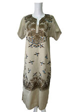 BIRD PRINT Kaftan Style Dress Size Medium Beige Mix V Neck Vintage Womens EU40