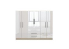 High Gloss White 6 Door Modern Mirrored Fitment Wardrobe, with 3 Drawers