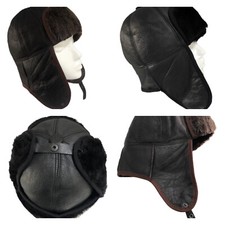 Real Sheepskin Aviator Style Hat Leather Bomber Trapper Hunting Wool Lining 