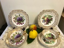 Vintage Bone China Ornate x 2 Trio Fruit design 22k Gold Daisy Accent /6 Pce Set