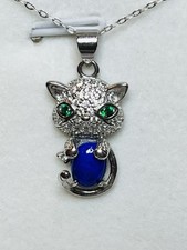 Lapis Lazuli Silly Kitty Kitten Cat Pendant 925 Sterling Silver Necklace