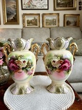 Vintage Pair Of Victorian Style Ornate Floral Vases Gilded With Handles England