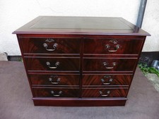 ANTIQUE STYLE GREEN LEATHER TOP  MAHOGANY FILING CABINET, FOUR  DRAWERS + KEY.