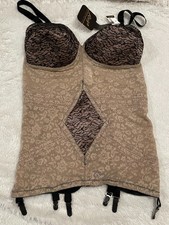 48B RAGO CORSELETTE 6 Garters Open Bottom Girdle Bra Body Briefer Black Mocha