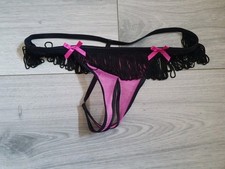 BNWOT Vintage Ann Summers Pink Fishnet Fringed Split Crotch Thong Size Small