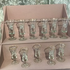 Set of Six Pretty Vintage Sherry Glasses  Etched Glass With Gold Trim + Set of 5