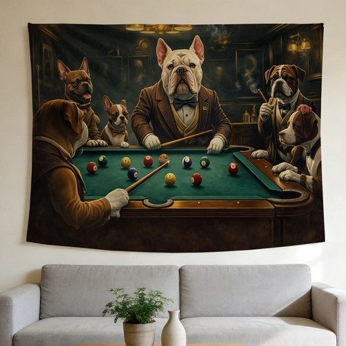 Dogs playing pool tapestry - dogs,