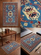 Handmade kazak rug wool blue - kazak,