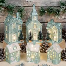 Shudehill Giftware Festive Sage Blue Green Tealight Holder House Different Sizes