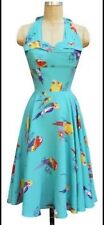 Trashy Diva Tropical Birds Halter Dress Tiki Turquoise Blue Pinup Vintage 50s S