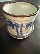 Cute Vintage Plant Pot And Saucer With Bamboo Design 7cm High 7cm Wide