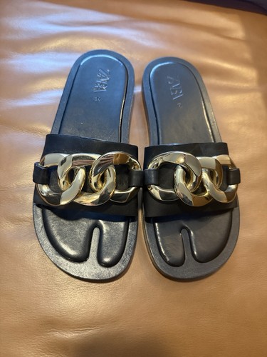 Zara gold black slide sandals - gold,