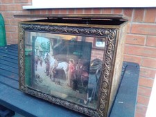 VINTAGE EMBOSSED BRASS & WOOD SLIPPER/ LOG BASKET   - Photo /mirrored front