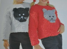 (131) Knitting Pattern Baby Girl's Chunky Kitty Cat Face Motif Sweater 20" - 30"