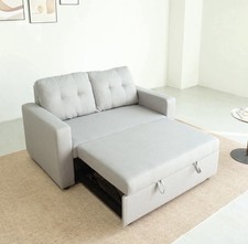 2 Seater Pull Out Sofa Bed Sleeper Chair Upholstered Light Grey Linen