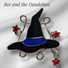 Witch Hat With Glass Stars Enamel Silver Tone  Halloween Brooch