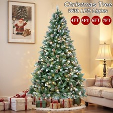 Christmas Tree Snow Frosted with Lights LED Pine Cone Xmas Decor 4Ft/5Ft/6Ft/7Ft