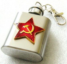Stainless Steel 1 OZ Hip Flask Keyring with USSR Army Russian Metal Badges   