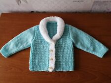Lovely Hand Knitted Baby Turquoise Blue Furry Shawl Neck Cardigan 0-6 Months