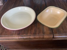 Vintage Enamel Tin Baking Pie Dish Green/beige & Larger Round Shallow Pink Dish