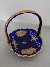 Vintage Murano Glass Basket Colbalt Blue and Gold Hand Painted Italy Art Glass