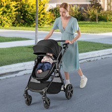 2-in-1 Foldable Infant Carriage w/Reversible Seat & Adjustable Canopy-Black