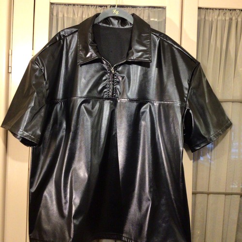 Mens black leather look top - black,