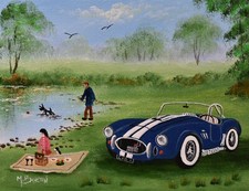 Mal Burton Original Oil Painting Picnic Time AC Cobra Classic Car