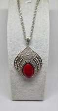 Beautiful Silver Tone Red Stone Costume Necklace 24 Inch Chain