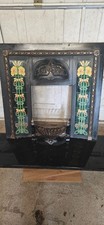 Antique Cast Iron Fireplace Surround with Tiled Panels, Grate & Slate Hearth