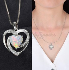 925 Sterling Silver Opal Heart Pendant Chain Necklace Womens Jewellery New Gift