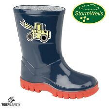 Stormwells Boys Navy Blue Digger Kids Wellington Boots Childrens Wellies Infants