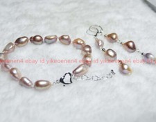 Genuine 9-10MM Purple Baroque Freshwater Cultured Pearl Bracelet Earrings Set 