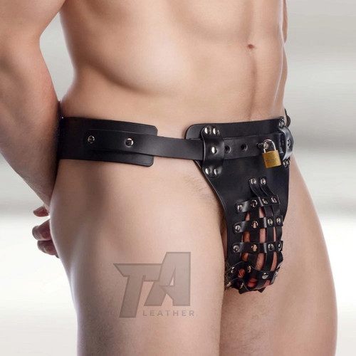 Leather chastity cage harness - chastity,