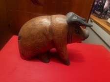 Vintage Hand Carved Wooden Pig Swine rural Ornament Rustic Hand Painted Acacia  