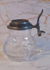 Antique Bayern Stien Beer Tankard With Crystal Cut Glass Pewter Crested Lid 1pt+