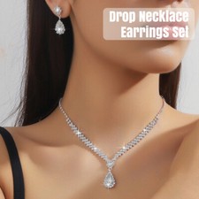 UK Women Ladies Fashion Silver Jewelry Necklace Drop Earrings Set Wedding Gift