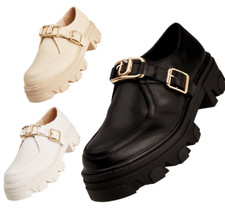 Womens Low Block Heel Brogues Ladies Slip On Synthetic Leather Loafers Shoes 3-8