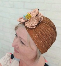 1920s Flapper Skull Cap Headpiece Copper Gold Beaded Floral Sparkle Turban