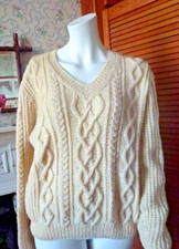 Hand Knitted Wool Cable Aran V-neck Jumper pit to pit 24"