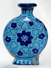 Antique Islamic Indian moon flask with blue flowers & calligraphy from Multan